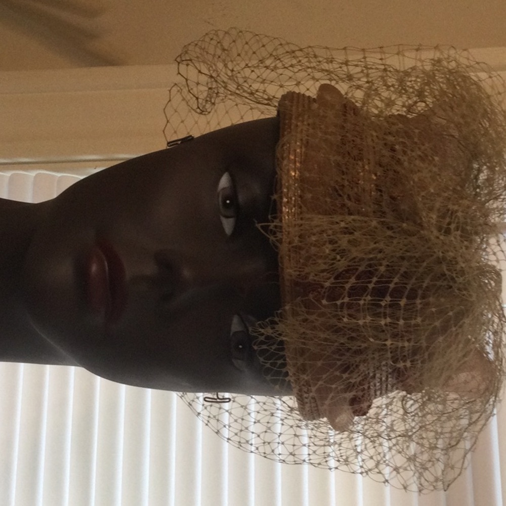 Vintage camel colored madame style pillbox hat with lace and netting.